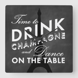 Tijd om Champagne Eiffel Tower Wall Clock te Drink Vierkante Klok