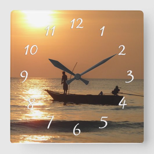 Tijd om Geviste Clock Sunset Boat Foto te gaan Vierkante Klok (Voorkant)