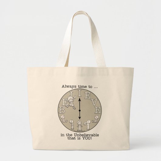 Tijd om te geloven-kleine jongen en klok grote tote bag (Voorkant)