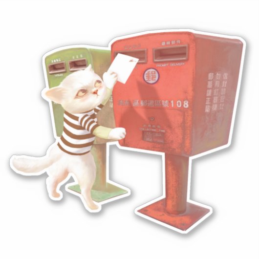 Tijd om te posten – Kat met Taiwanese brievenbus Sticker (Voorkant)