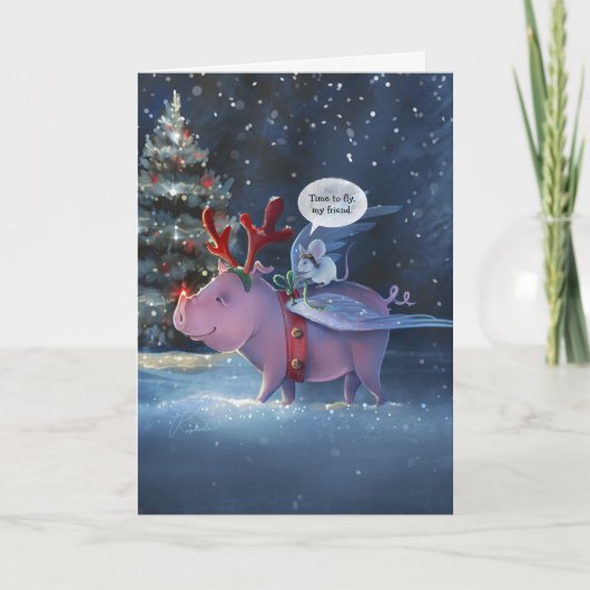 Tijd om te vliegen Unieke Flying Pig Christmas Feestdagen Kaart (Voorkant)