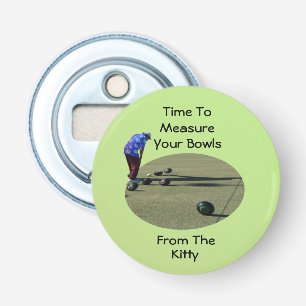 Tijd om uw gazon kommen af te meten, flesopener button flesopener