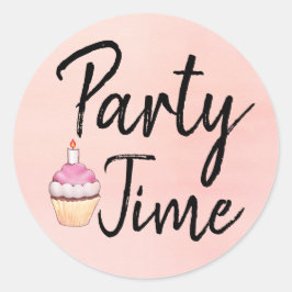 Tijd roze Waterverf Cupcake Birthday Ronde Sticker