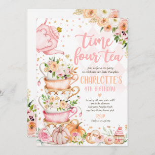 Tijd Vier Tea Birthday Party Pumpkin Autumn Floral Kaart