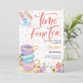 Tijd vier thea, vierde thee verjaardag kaart (Staand voorkant)