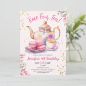 Tijd vier thee! Meisje Roze 4e verjaardag Tea Part Kaart (Staand voorkant)