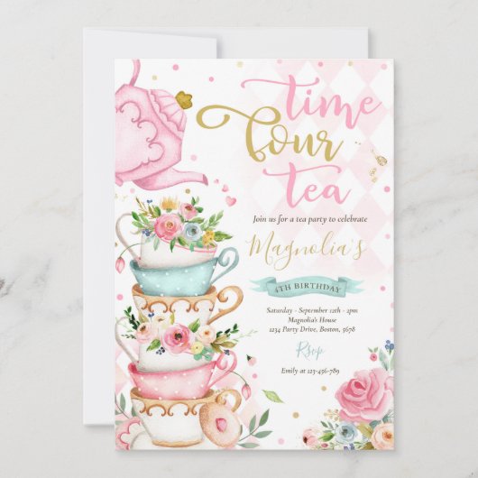 Tijd Vier Thee Roze Bloemen 4e Verjaardag Thee Par Kaart (Voorkant)