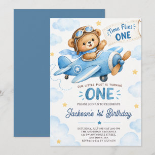 Tijd vliegt BLUE Vliegtuig Teddybeer 1e Verjaardag Kaart