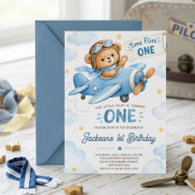 Tijd vliegt BLUE Vliegtuig Teddybeer 1e Verjaardag