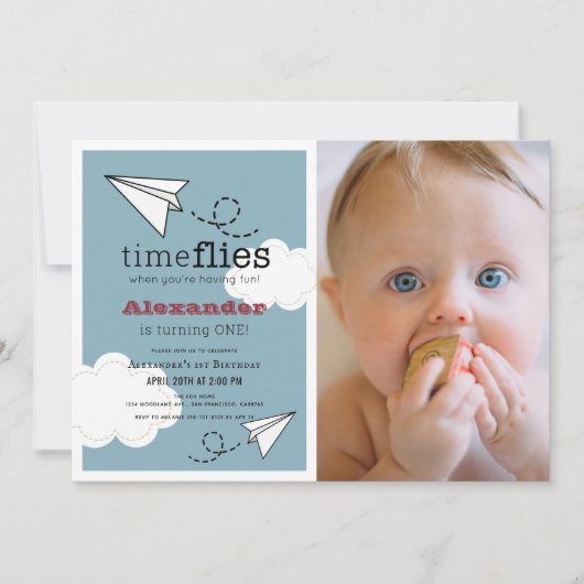 Tijd vliegt papieren vliegtuig Blauwe Jongen Foto  Kaart (Voorkant)