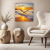 Tijd vliegt strandzonsondergang vierkante klok