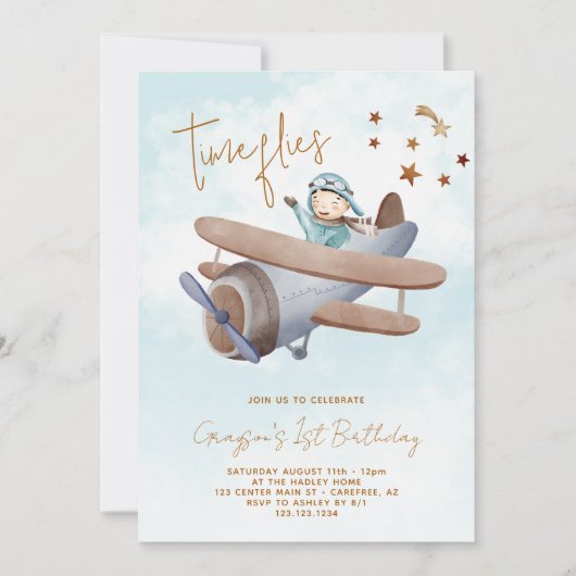 Tijd vliegt Vliegtuig Blauw 1e Verjaardag Kaart (Voorkant)