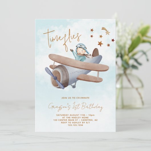 Tijd vliegt Vliegtuig Blauw 1e Verjaardag Kaart (Staand voorkant)