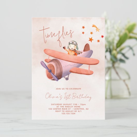 Tijd vliegt Vliegtuig Meisje 1e Verjaardag Kaart (Staand voorkant)