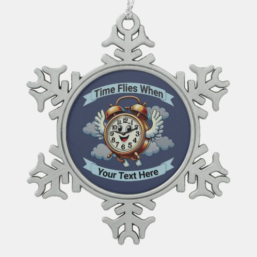 "tijd vliegt wanneer" vliegende klok tin sneeuwvlok ornament (Voorkant)