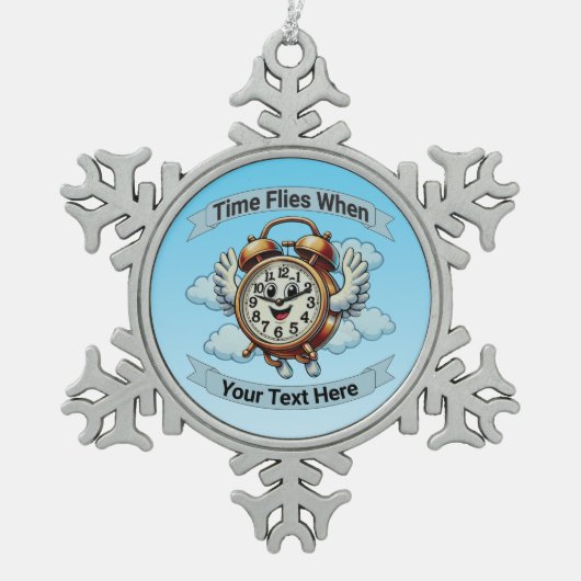 "tijd vliegt wanneer" vliegende klok tin sneeuwvlok ornament (Voorkant)