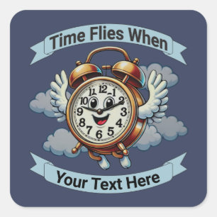 "tijd vliegt wanneer" vliegende klok vierkante sticker
