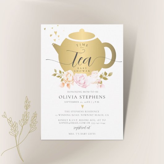 Tijd voor het Baby shower Tea Elegant Modern Gold  Kaart