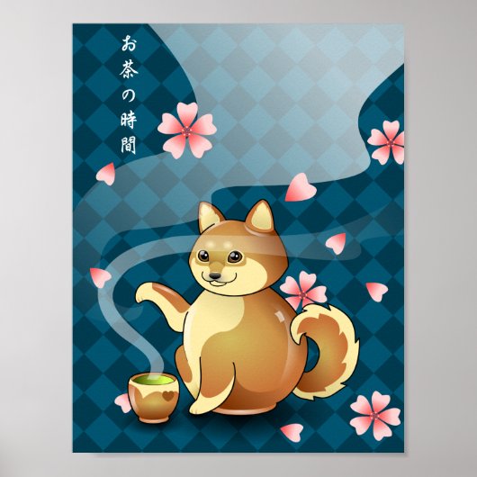 Tijd voor het Tea Chibi Shiba Inu Teapot Kanji Pos Poster (Voorkant)