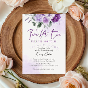 Tijd voor Tea Baby shower Paarse Bloemen Waterverf Kaart