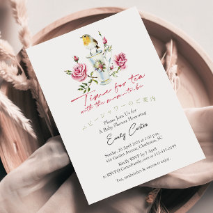 Tijd voor Tea Baby shower Teacup Bird Roos Floral Kaart