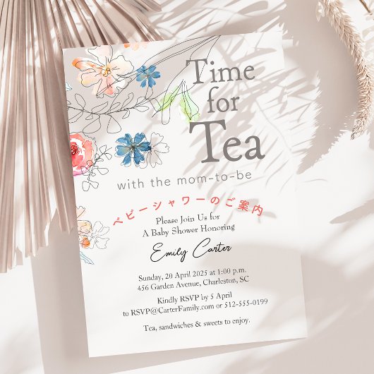 Tijd voor Tea Baby shower Wildflower Red Blue Kaart