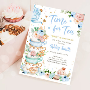 Tijd voor Tea Brewing Tea Party Blauw Baby shower Kaart