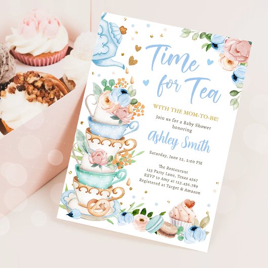 Tijd voor Tea Brewing Tea Party Blauw Baby shower Kaart