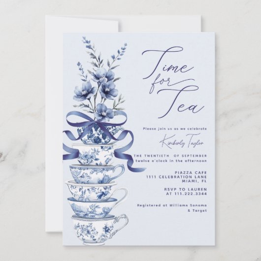 Tijd voor Tea Chinoiserie Blue Bow Vrijgezellenfee Kaart (Voorkant)