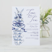 Tijd voor Tea Chinoiserie Blue Bow Vrijgezellenfee Kaart (Staand voorkant)