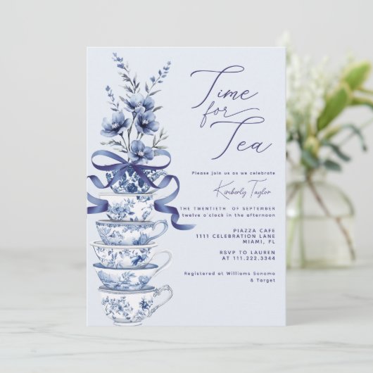 Tijd voor Tea Chinoiserie Blue Bow Vrijgezellenfee Kaart (Staand voorkant)