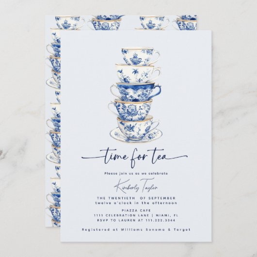Tijd voor Tea Chinoiserie Dusty Blue Vrijgezellenf Kaart (Voorkant / Achterkant)