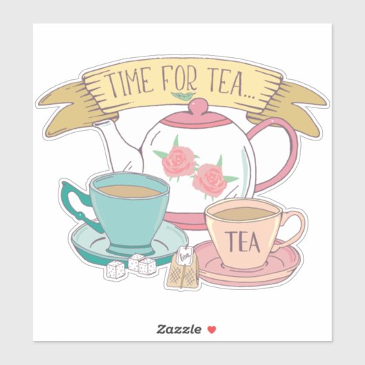 Tijd voor Tea Cute  Engelse Tea Cups Teapot Sticker (Vel)