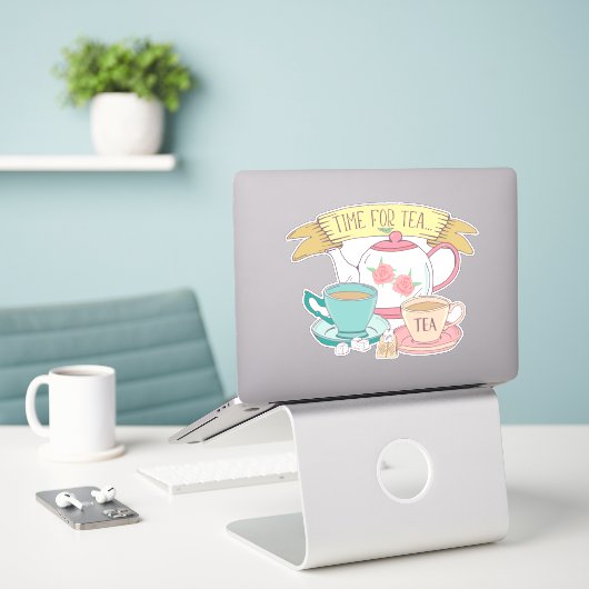 Tijd voor Tea Cute  Engelse Tea Cups Teapot Sticker (Laptop op bureau)