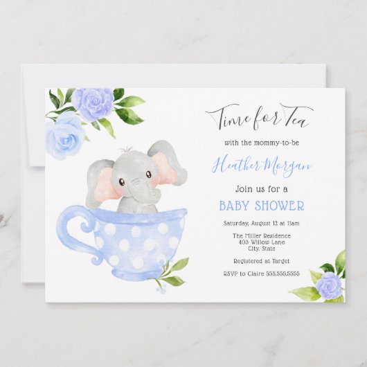 Tijd voor Tea Elephant Baby shower Invitation Kaart (Voorkant)