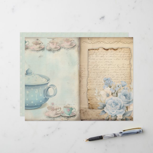Tijd voor Tea Junk Journal Paper (Voorkant / Achterkant in situ)