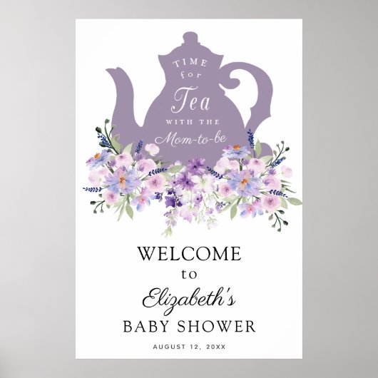 Tijd voor Tea Paars Baby shower Welkomstteken Poster (Voorkant)