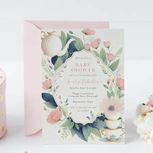 Tijd voor Tea Pink Floral Baby shower Kaart