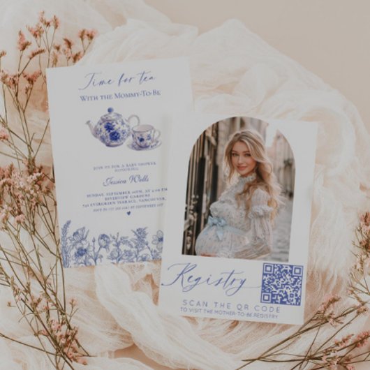 Tijd voor Tea Toile Foto QR code Baby shower Kaart