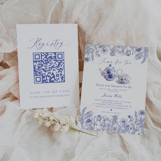 Tijd voor Tea Toile QR code Registry Baby shower Kaart