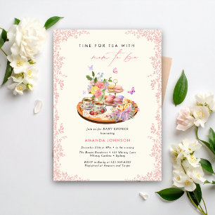 Tijd voor thea macarons kopjes vlinder baby shower kaart
