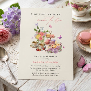 Tijd voor thea macarons kopjes vlinder baby shower kaart