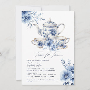 Tijd voor Thee Blauw Chinoiserie Bruidsfeest Kaart