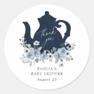 Tijd voor Thee Blauwe Baby Shower Bedank Cadeautag Ronde Sticker
