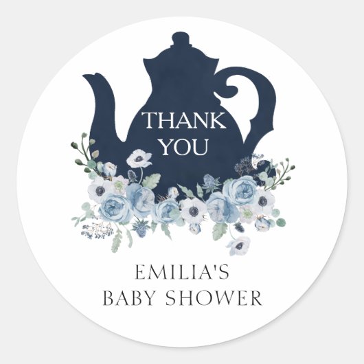 Tijd voor thee Blauwe babyshower Bedankt Ronde Sticker (Voorkant)