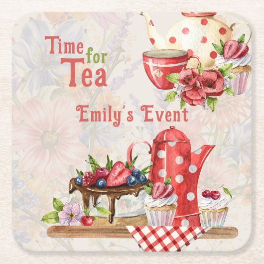 Tijd voor thee!  Retro Afternoon Tea Party Kartonnen Onderzetters (Voorkant)