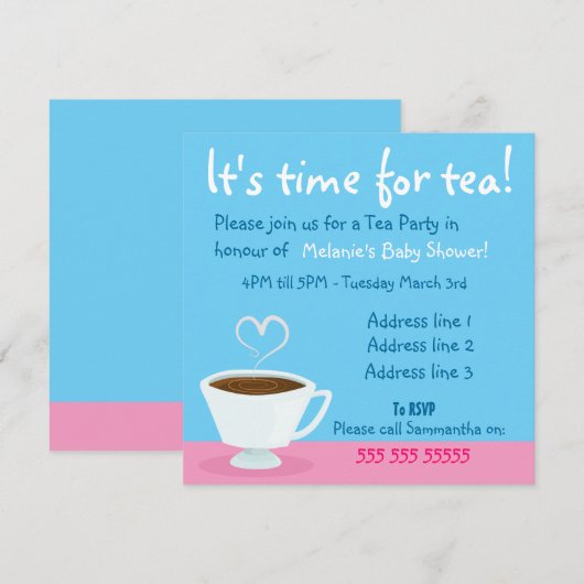 "Tijd voor thee" Tea party uitnodiging (Voorkant / Achterkant)