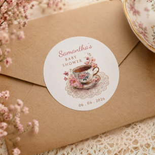Tijd voor thee vintage bloemige theekop baby showe ronde sticker