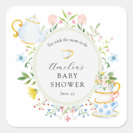 Tijd voor theebloem Baby shower Vierkante Sticker