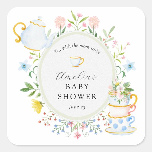 Tijd voor theebloem Baby shower Vierkante Sticker (Voorkant)